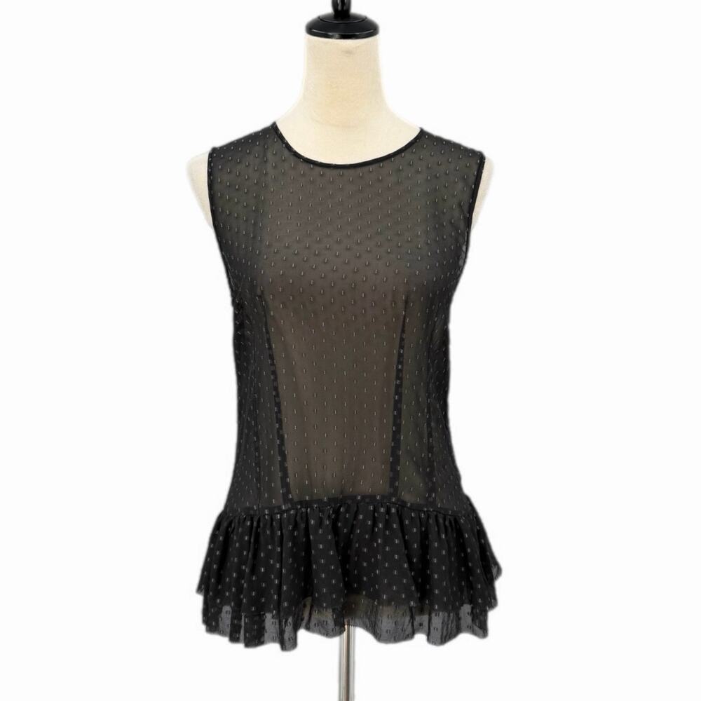 Theory NEW Karady Black Sheer Silk Swiss Dot Texture Sleeveless Peplum Blouse